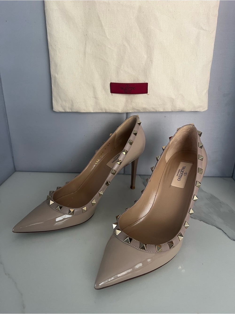 Valentino Nude Patent Leather Rockstud Pointed-Toe Pumps